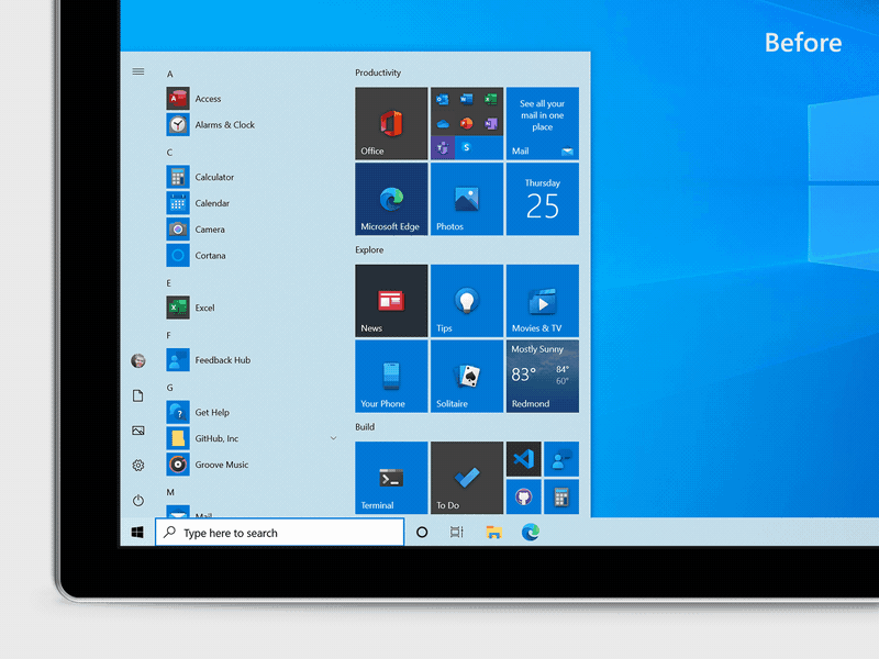 antes e depois menu iniciar windows 10 designe