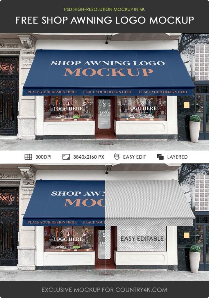 Free Shop Awning Logo Mockup 8 Mockups de Fachada de Loja Grátis em 2024